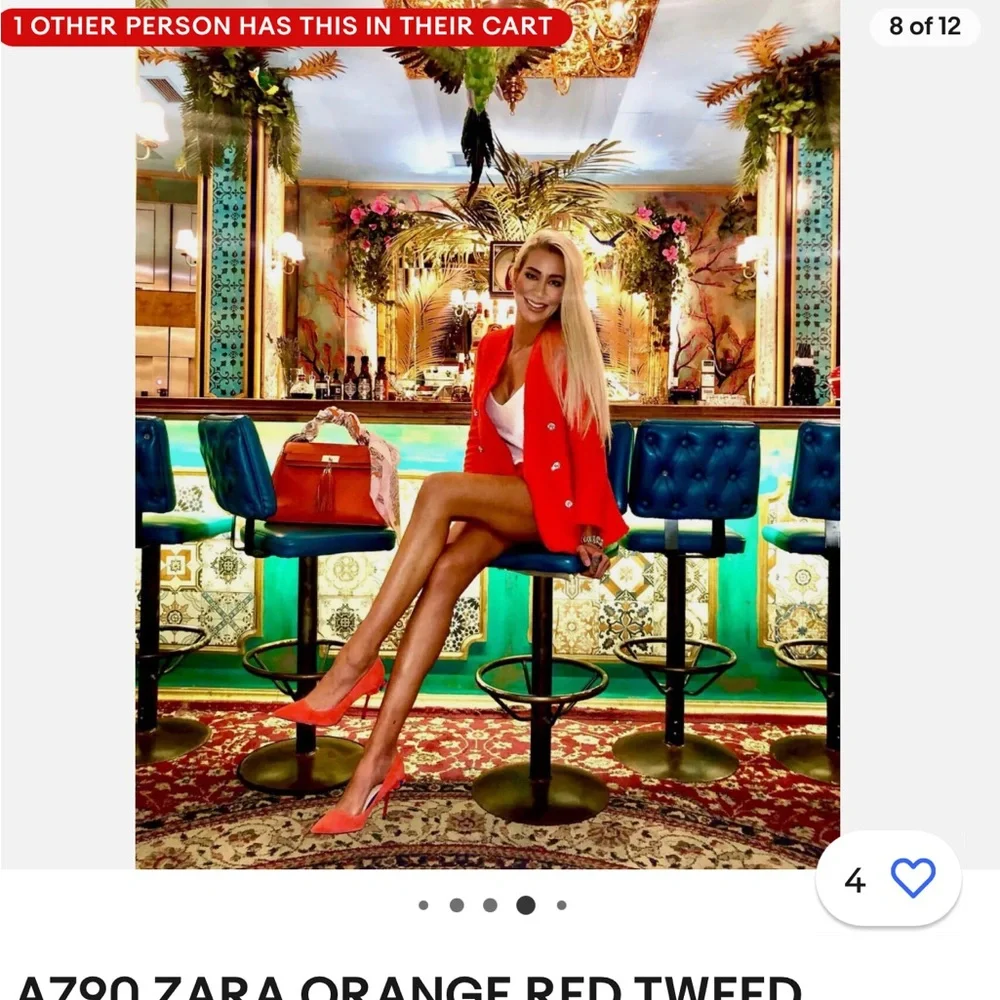 Zara Bright Orange Red Tweed Diamond Button Blazer - Picture 2 of 15